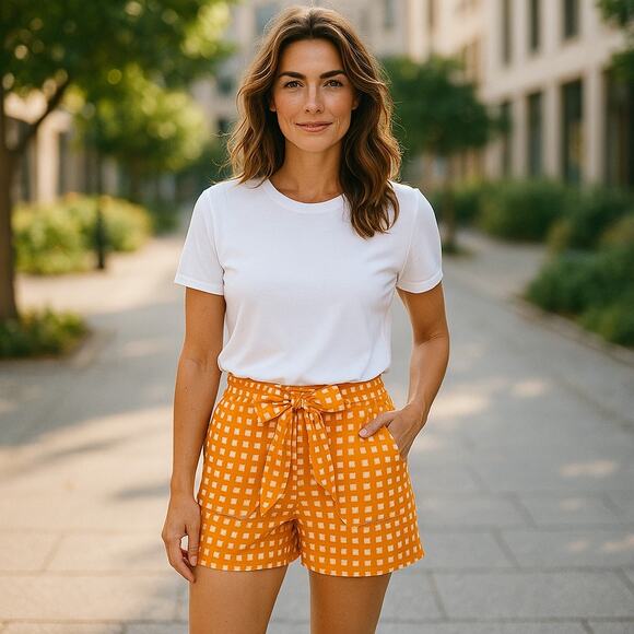 5/$35         A New Day Womens Shorts Sz XS Mustard Gold Mid Rise Squares - Picture 1 of 8